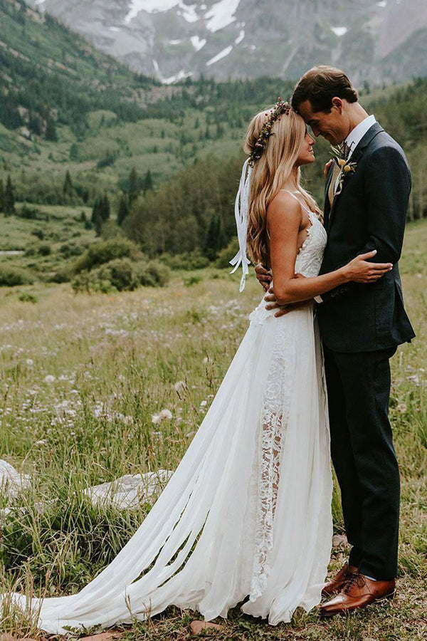Sweetheart White Chiffon Spaghetti Strap Lace Beach Wedding Dresses,MW498
