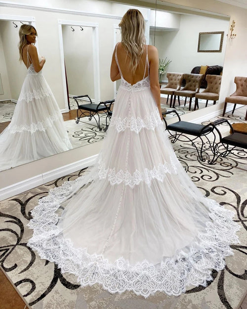 Cheap A-line Spaghetti Straps Lace Bridal Gonws Rustic Wedding Dress,MW501