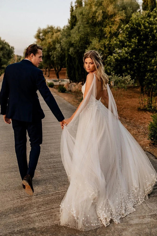 Tulle Open Back Spaghetti Straps Wedding Dresses Romantic Bridal Dresses,MW502 Tulle Open Back Spaghetti Straps Wedding Dresses Romantic Bridal Dresses,MW502