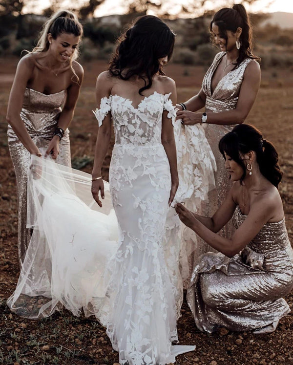 Off the shoulder applique wedding dress outlet