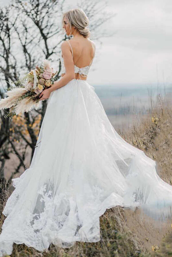 Crop Top Lace Two Piece Boho Spaghetti Straps Wedding Dresses, MW509