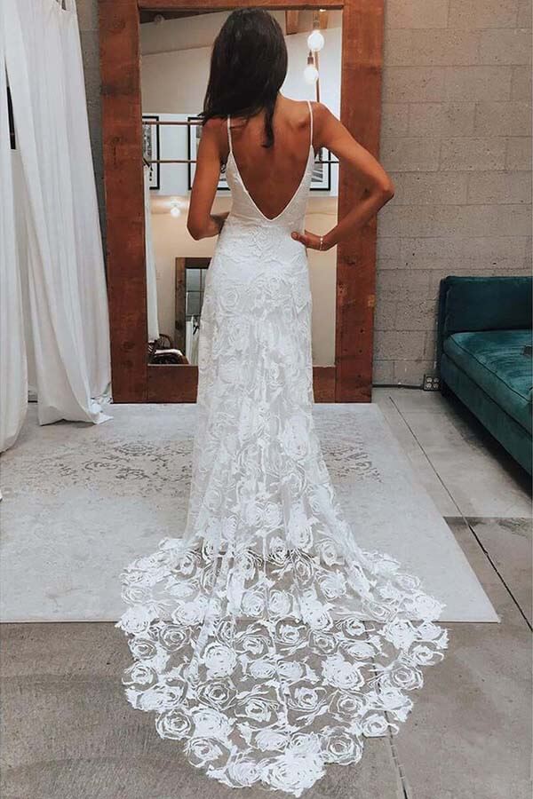 Boho Rose Lace Sweetheart Spaghetti Strap Beach Wedding Dresses, MW511 Boho Rose Lace Sweetheart Spaghetti Strap Beach Wedding Dresses, MW511