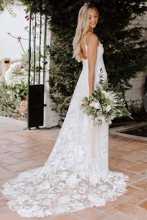 Boho Rose Lace Sweetheart Spaghetti Strap Beach Wedding Dresses, MW511