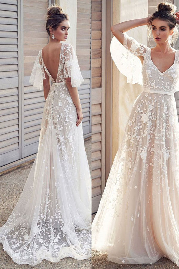 Ivory V Neck Beach Wedding Dresses with Lace Appliques, Bridal Dresses,  MW512