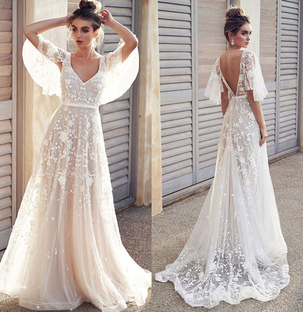 Ivory V Neck Beach Wedding Dresses with Lace Appliques, Bridal Dresses, MW512 Ivory V Neck Beach Wedding Dresses with Lace Appliques, Bridal Dresses, MW512