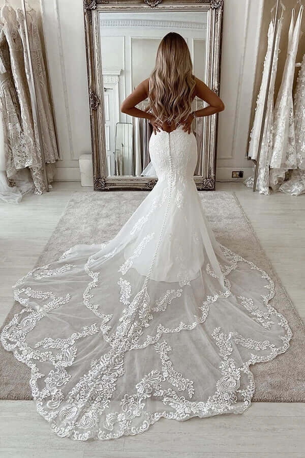 Mermaid Deep V-neck Backless Lace Wedding Dresses With Chapel Train, MW809