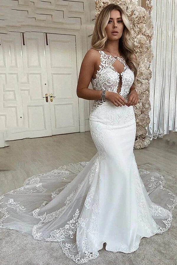 Mermaid Deep V-neck Backless Lace Wedding Dresses MW809 | Musebridals Mermaid Deep V-neck Backless Lace Wedding Dresses MW809 | Musebridals