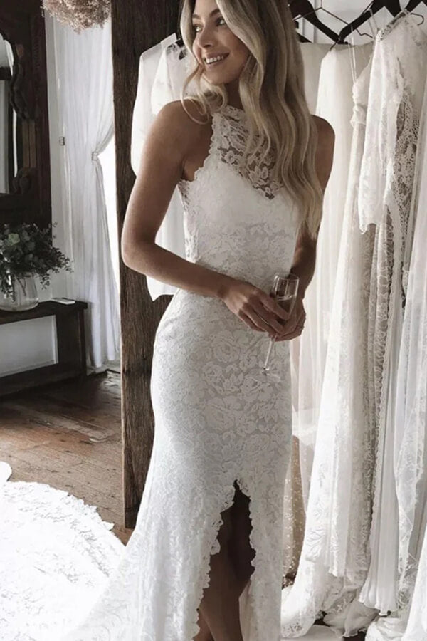 Mermaid Lace Open Back Split Long Wedding Dresses MW758