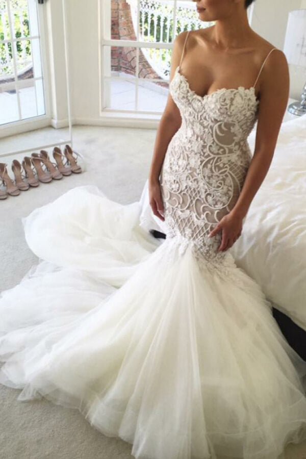 sweetheart mermaid bridesmaid dress Mermaid Lace Spaghetti Straps Sweetheart Wedding Dresses, Bridal Dress,  MW551