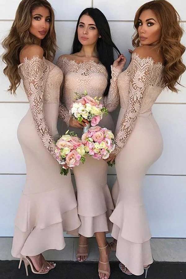 Mermaid Lace Top Off-the-Shoulder Long Sleeves Bridesmaid Dresses, MBD182 Mermaid Lace Top Off-the-Shoulder Long Sleeves Bridesmaid Dresses, MBD182