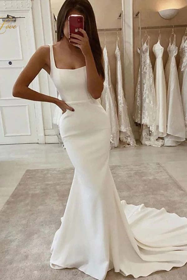 Mermaid Square Neck Wedding Dresses With Train, Satin Wedding Gowns, MW705