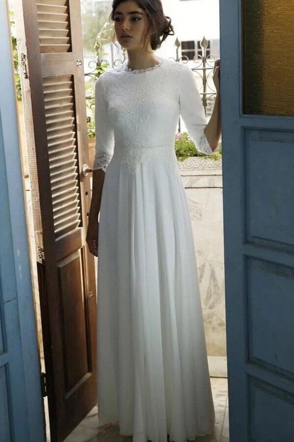 Modest 3/4 Sleeves Floor Length Chiffon Wedding Dresses with Lace Top, MW724 Modest 3/4 Sleeves Floor Length Chiffon Wedding Dresses with Lace Top, MW724