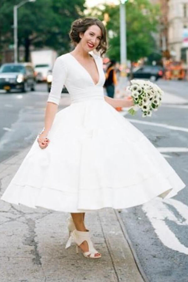 Modest A-line V-neck Half Sleeves Tea Length Taffeta Wedding Dresses, MW531 Modest A-line V-neck Half Sleeves Tea Length Taffeta Wedding Dresses, MW531
