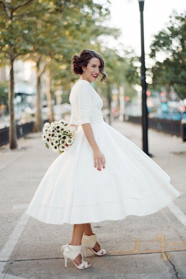 Modest A-Line Tea-Length Wedding Dress