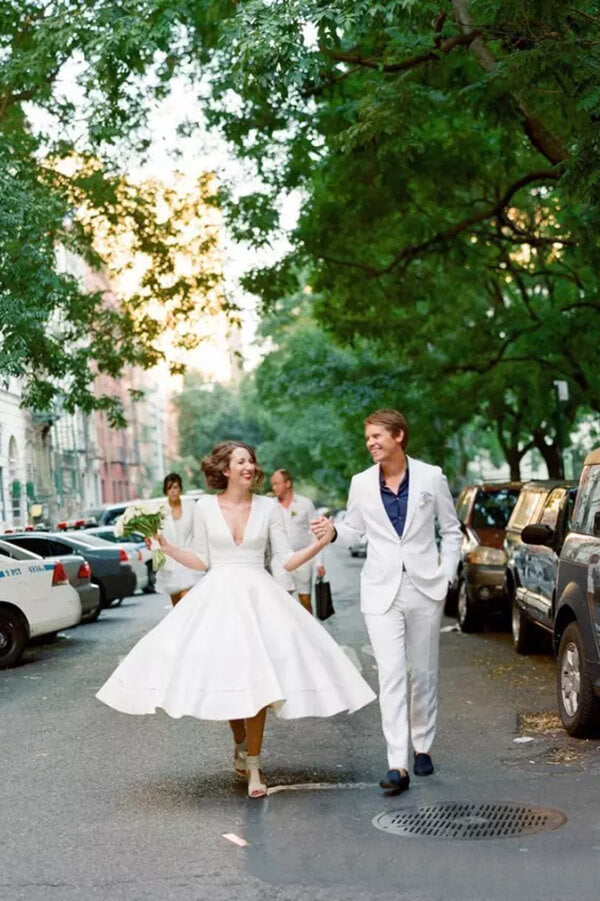 Modest A-line V-neck Half Sleeves Tea Length Taffeta Wedding Dresses, MW531 Modest A-line V-neck Half Sleeves Tea Length Taffeta Wedding Dresses, MW531