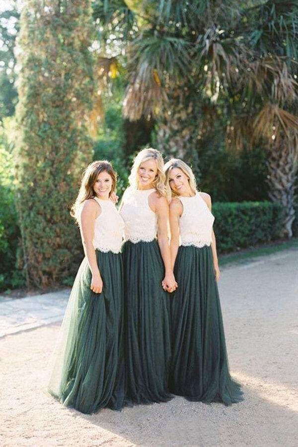 Modest Ivory Lace Forest Green Tulle Top Round Neck Bridesmaid Dress MBD154