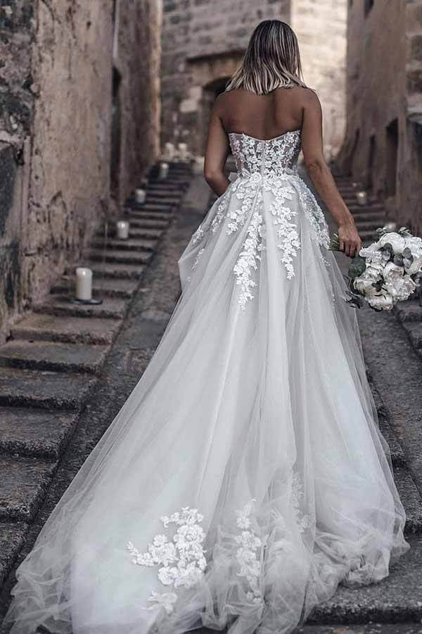 Cheap Tulle A-line Sweetheart Long Wedding Dresses with Lace Appliques Musebridals Cheap Tulle A-line Sweetheart Long Wedding Dresses with Lace Appliques Musebridals