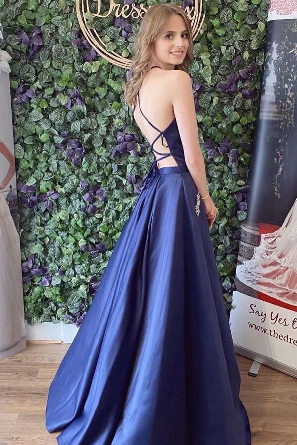 Navy Blue Satin A-line Lace Up Back Simple Prom Dresses With Pockets, MP768
