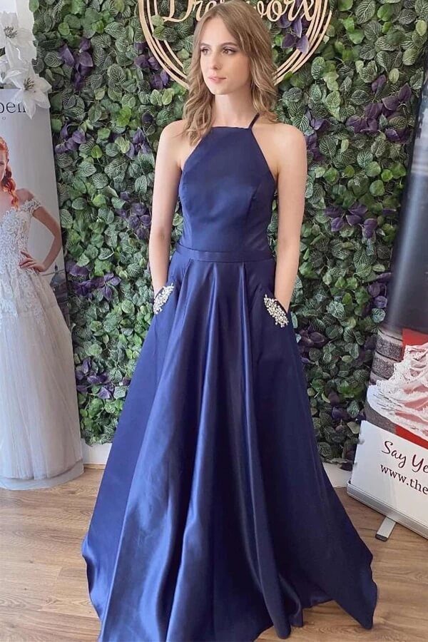 Navy Blue Satin A-line Lace Up Back Simple Prom Dresses With Pockets, MP768 | simple prom dresses | a line prom dress | blue prom dress | musebridals.com