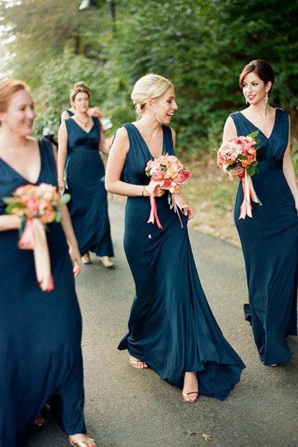 Navy Blue Satin A-line V-neck Backless Sweep Train Bridesmaid Dresses, MBD159 Navy Blue Satin A-line V-neck Backless Sweep Train Bridesmaid Dresses, MBD159