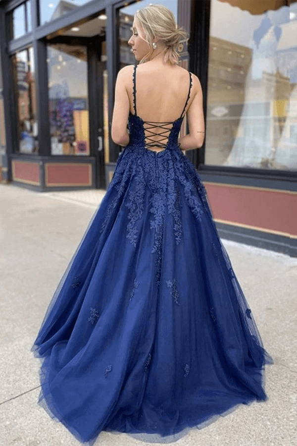 Navy Blue Tulle Lace A-line V-neck Prom Dresses MP642