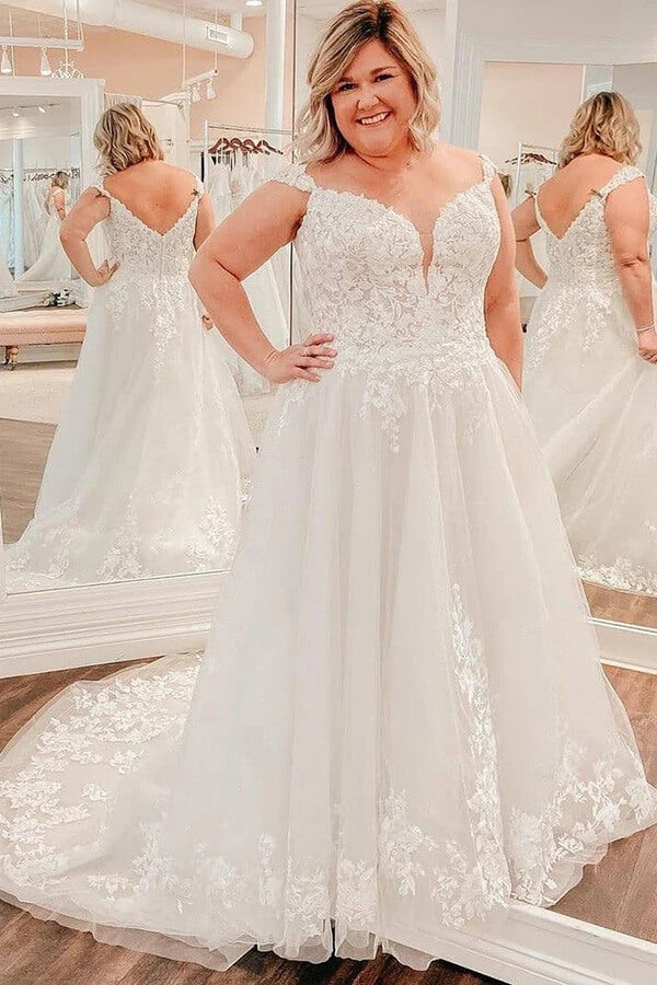New Arrival Modest A-line Plus Size Wedding Dress, V-neck Bridal Gown, MW812