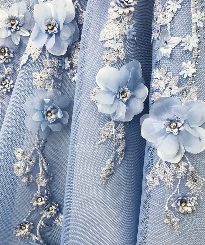 Off the Shoulder A-Line Blue Tulle Lace Sweetheart 3D Flowers Prom Dresses,MP454 | long prom dress | floral prom dresses | cheap prom dresses | evening dresses | party dresses | www.musebridals.com