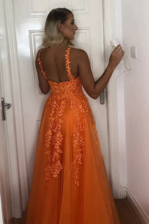 Orange Tulle Backless A-line Lace Prom Dresses, MP814 | Musebridals Orange Tulle Backless A-line Lace Prom Dresses, MP814 | Musebridals