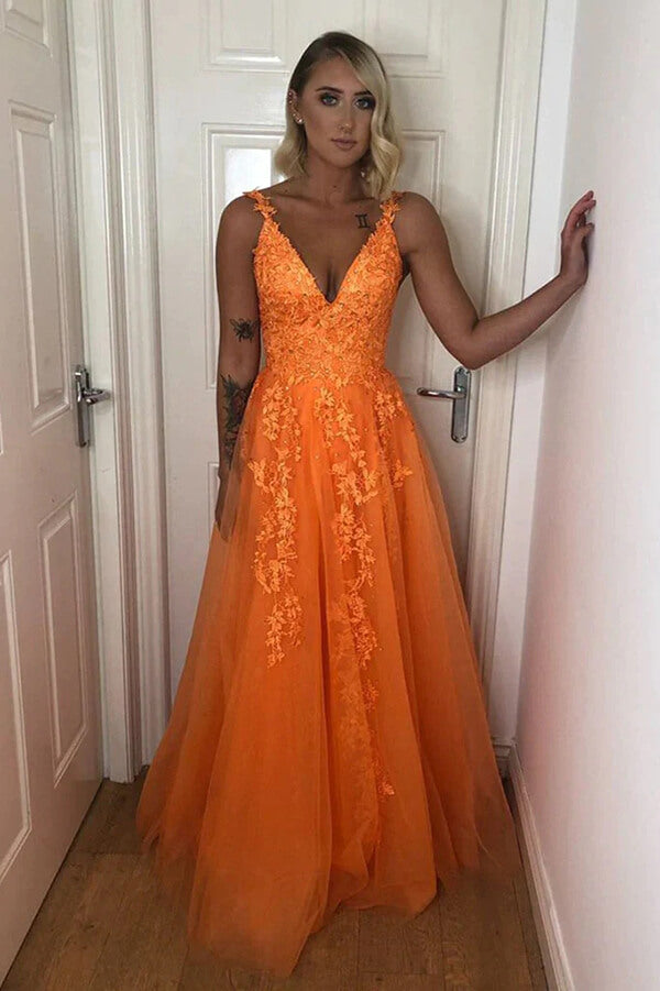 orange backless prom dress Orange Tulle Backless A-line V-neck Lace Appliques Prom Dresses, MP814