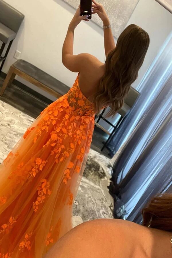 Orange Tulle Sweetheart Lace Appliques Prom Dress MP782