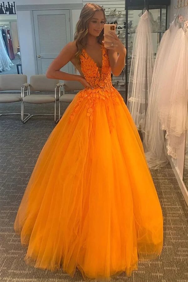 Orange Tulle V neck Prom Dresses With Lace Appliques Long Formal Dress MP773