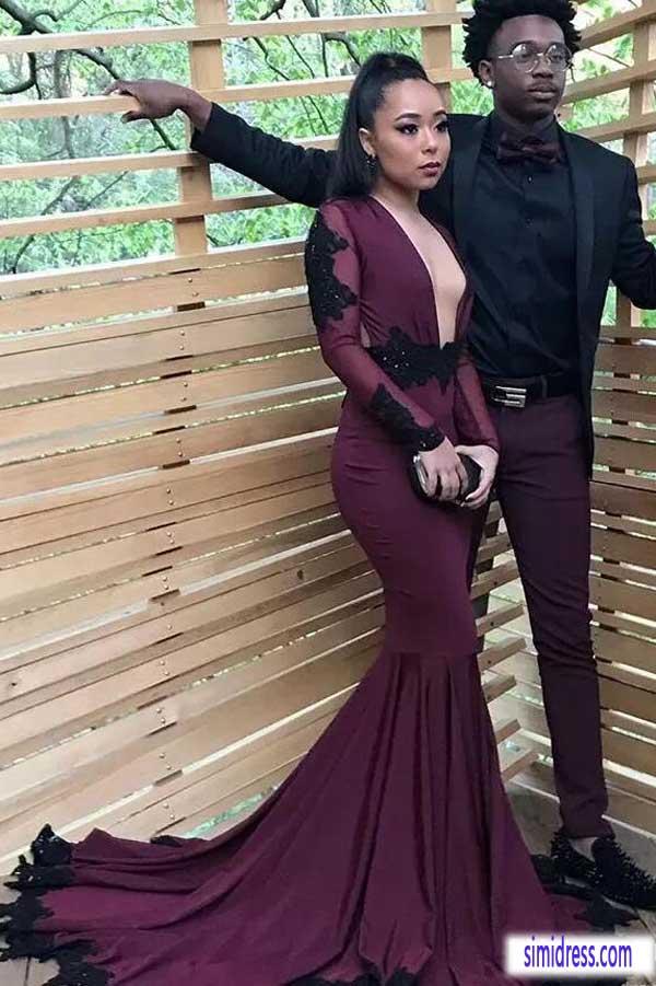 Gorgeous Purple Long Sleeves Mermaid Prom Dresses with Black Appliques, MP349