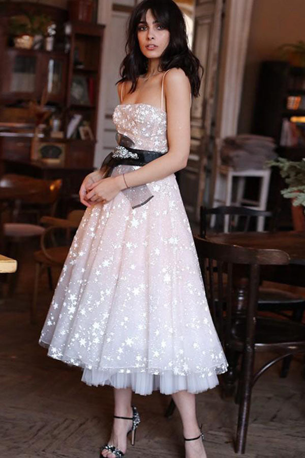 Pearl Pink Tulle A-line Spaghetti Straps Tea Length Homecoming Dresses, MH524 Pearl Pink Tulle A-line Spaghetti Straps Tea Length Homecoming Dresses, MH524