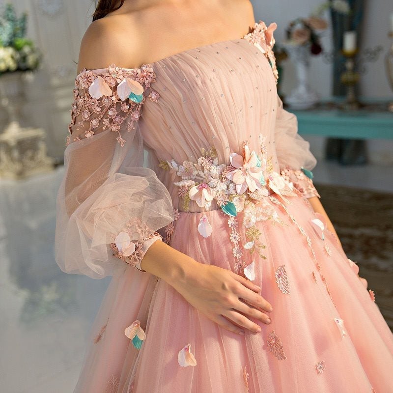 Pearl Pink Tulle Ball Gown Long Sleeves Prom Dress MP643