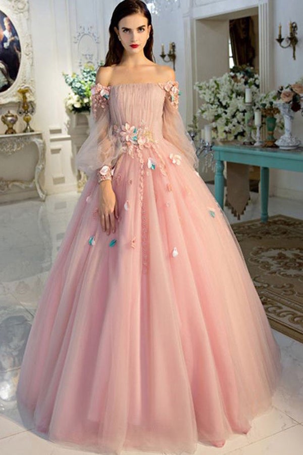 Pearl Pink Tulle Ball Gown Off-the-Shoulder Long Sleeves Prom Dresses, MP643 Pearl Pink Tulle Ball Gown Off-the-Shoulder Long Sleeves Prom Dresses, MP643