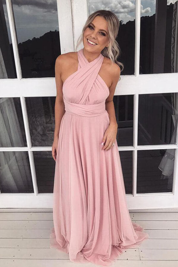 Pink Chiffon A-line Cross Neck Backless Long Bridesmaid Dresses, MBD155 Pink Chiffon A-line Cross Neck Backless Long Bridesmaid Dresses, MBD155