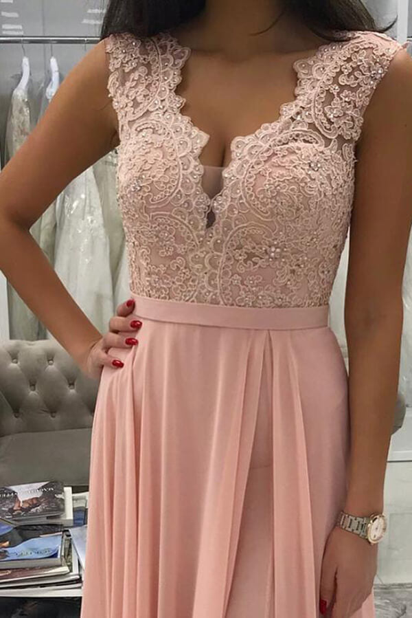 Chiffon Beading Pink V Neck A Line Prom Dress With Slit Chiffon Beading Pink V Neck A Line Prom Dress With Slit