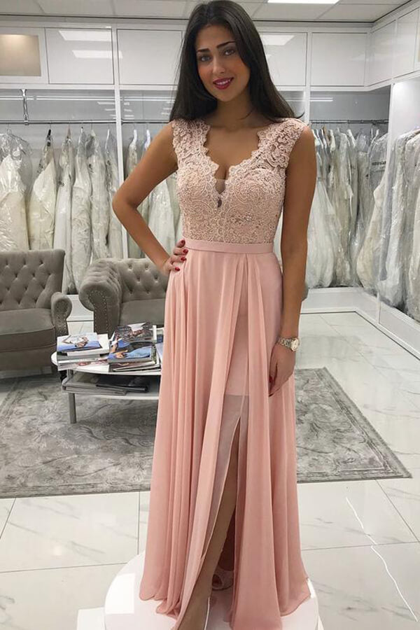 Pink Chiffon A-line Prom Dresses With Appliques, Beaded Evening Dress, MP630 Pink Chiffon A-line Prom Dresses With Appliques, Beaded Evening Dress, MP630
