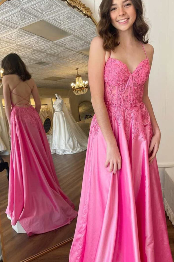 Pink Satin Lace A-line V-neck Backless Long Prom Dresses, Evening Dresses,  MP781