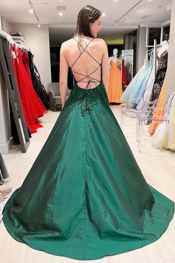 Pink Satin Lace A-line V-neck Backless Long Prom Dresses, Evening Dresses, MP781 | backless prom dresses | cheap long prom dress | prom dress stores | musebridals.com