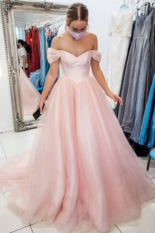 Pink Tulle A-line Off Shoulder Long Prom Dresses, Evening Gown With Train,  MP646