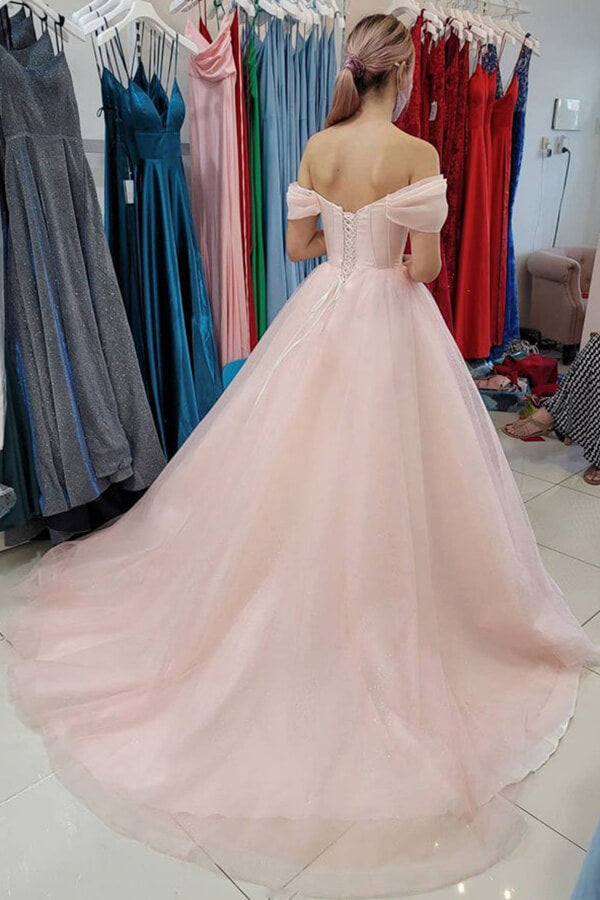 Pink Tulle A-line Off Shoulder Long Prom Dresses MP646 | Musebridals Pink Tulle A-line Off Shoulder Long Prom Dresses MP646 | Musebridals
