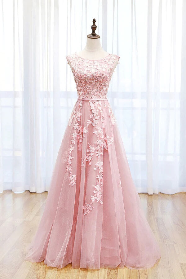 Pink Tulle A-line Scoop Lace Prom Dresses With Train, Long Formal Dresses,  MP717