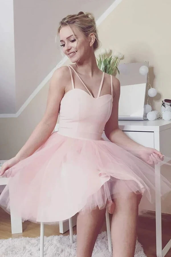 pink graduation dress short Simple sweetheart neck satin short prom dresses, light pink homecoming –  morievent