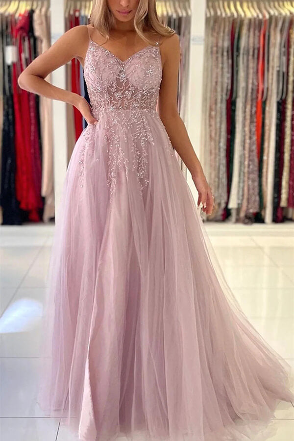 Pink Tulle A-line V-neck Beaded Prom Dresses With Slit, Evening Gowns, MP729 Pink Tulle A-line V-neck Beaded Prom Dresses With Slit, Evening Gowns, MP729