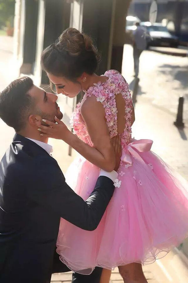 Pink Tulle Hand-Made Flowers Homecoming Dresses, MH518 | Musebridals Pink Tulle Hand-Made Flowers Homecoming Dresses, MH518 | Musebridals