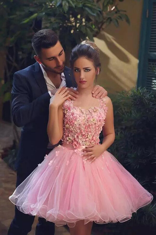 Pink Tulle Hand-Made Flowers Short Prom Dresses, Homecoming Dress, MH518 Pink Tulle Hand-Made Flowers Short Prom Dresses, Homecoming Dress, MH518