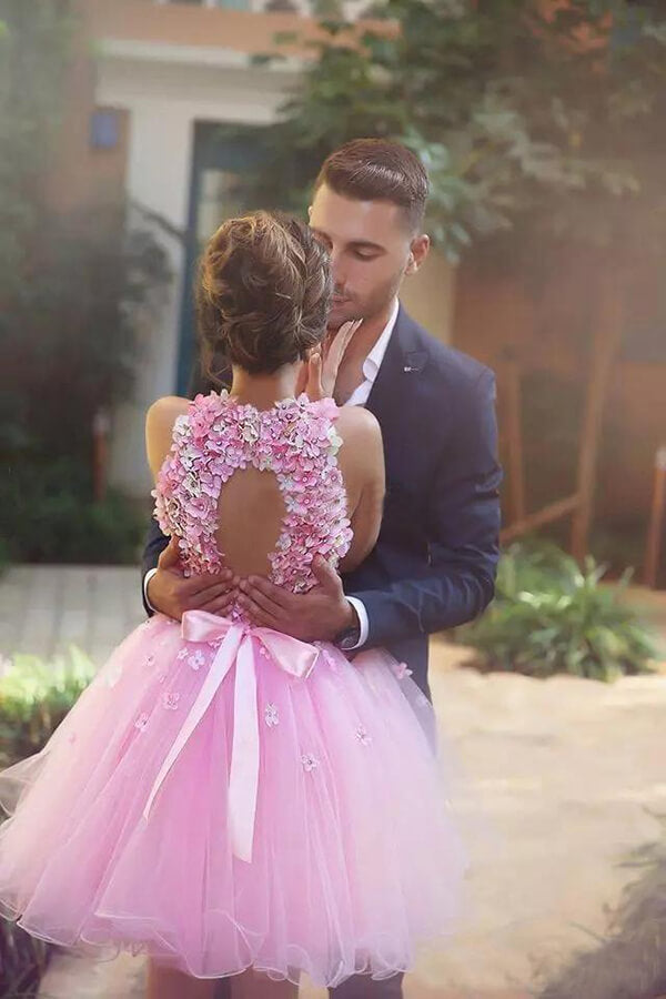 Pink Tulle Hand-Made Flowers Short Prom Dresses, Homecoming Dress, MH518 Pink Tulle Hand-Made Flowers Short Prom Dresses, Homecoming Dress, MH518