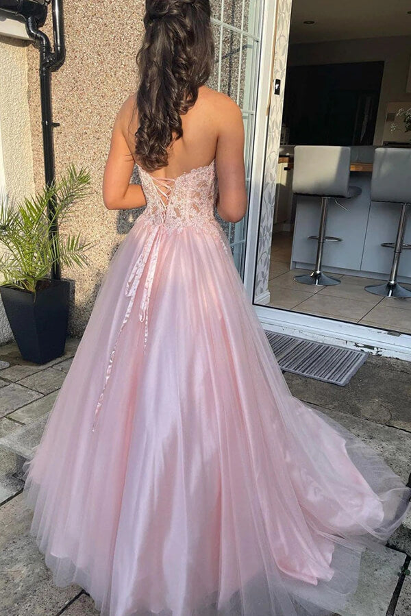 Pink Tulle Lace A-line Sweetheart Prom Dresses, Long Formal Dresses, MP683