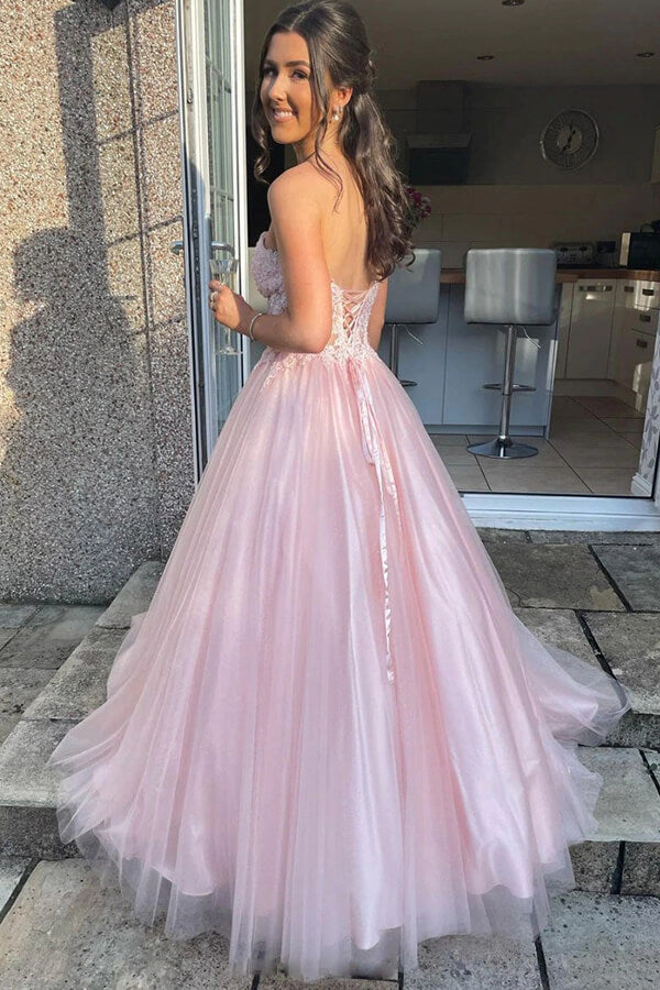 Pink Tulle Lace A-line Sweetheart Prom Dresses, Long Formal Dresses, MP683